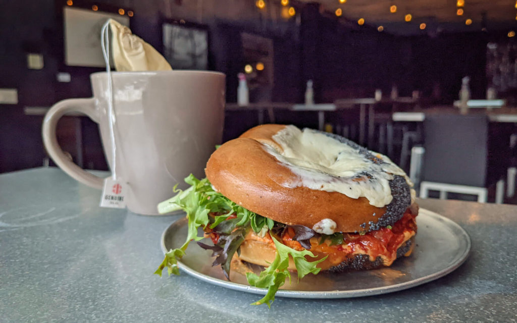 Tea Latte and Bagel Kimcheese Griller Sandwich at Mahtay Cafe