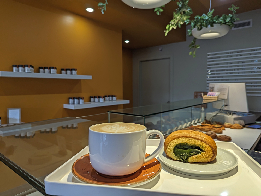 orange blossom latte with Matcha pillow pastries at Cho-Kwok Lat