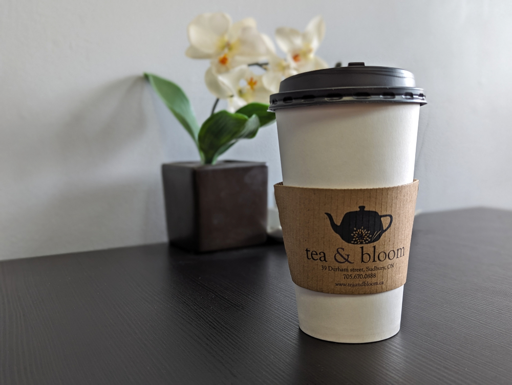 cup of tea from Tea & Bloom cafe in Sudbury