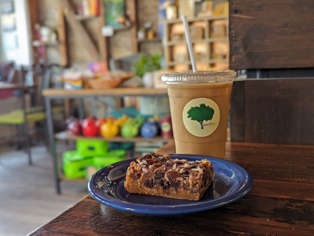 iced coffee and dessert at Pistachio Cafe in Gananoque