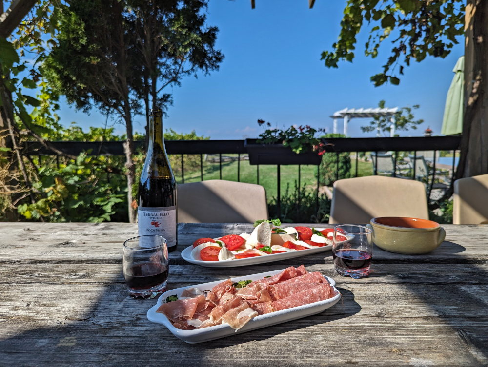 wine and antipasti on the patio at TerraCello Winery