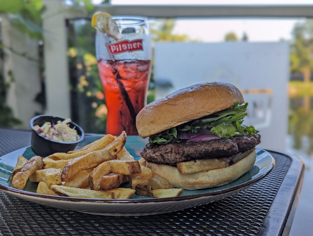 burger and fries at The Waterfront Gastropub