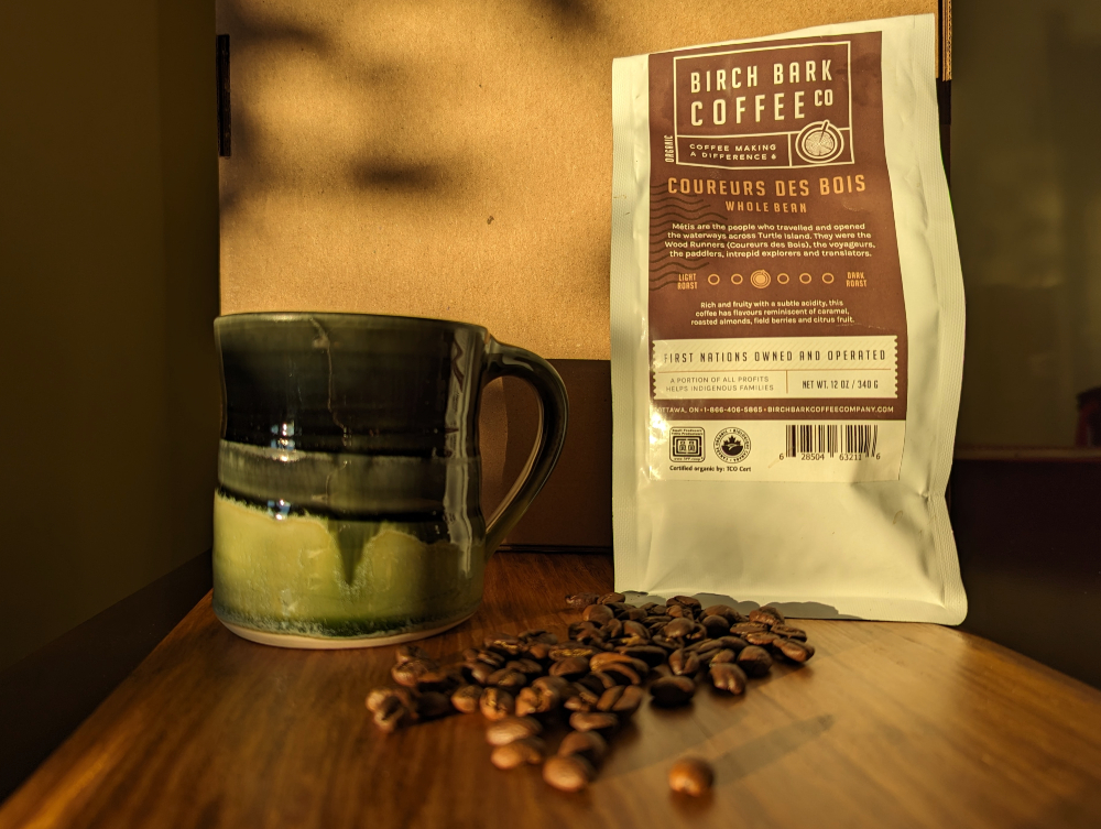 Bag of Birch Bark Coffee and coffee mug that's made in Ontario