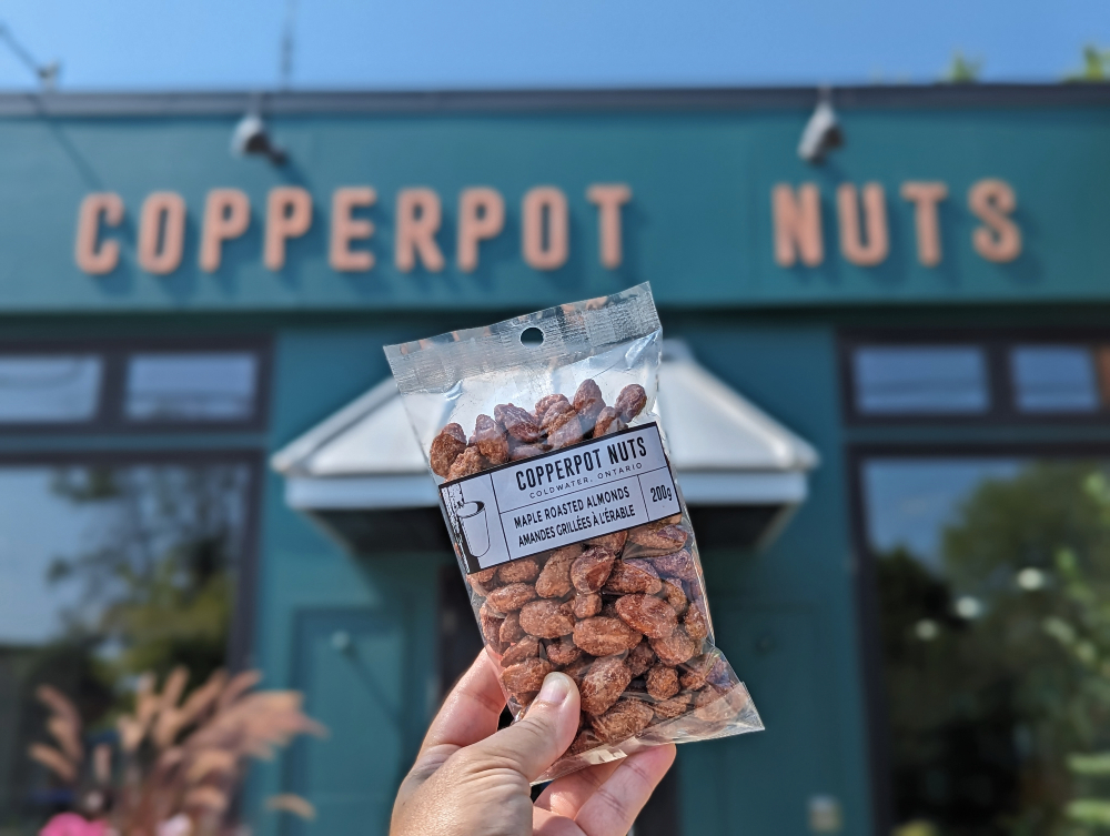 bag of Copperpot Nuts in front of the shop in Coldwater